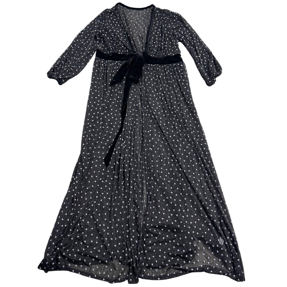 Unique VTG Sheer Black Pink Heart Maxi Robe S/3X Cozy Y2k Whimsigoth NWT Girly